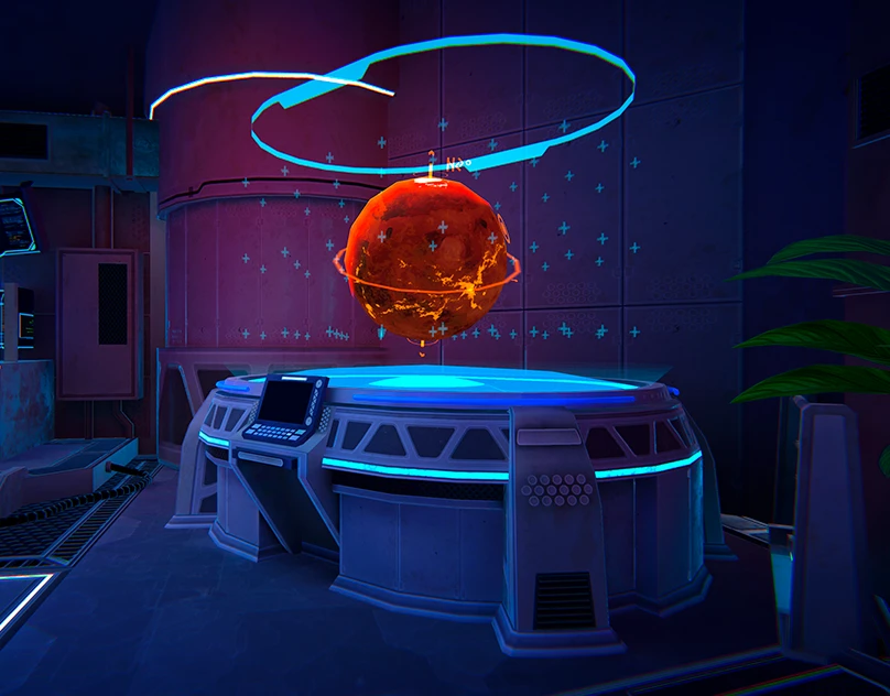 StarHaste: a holographic planet over a console in the game's garage